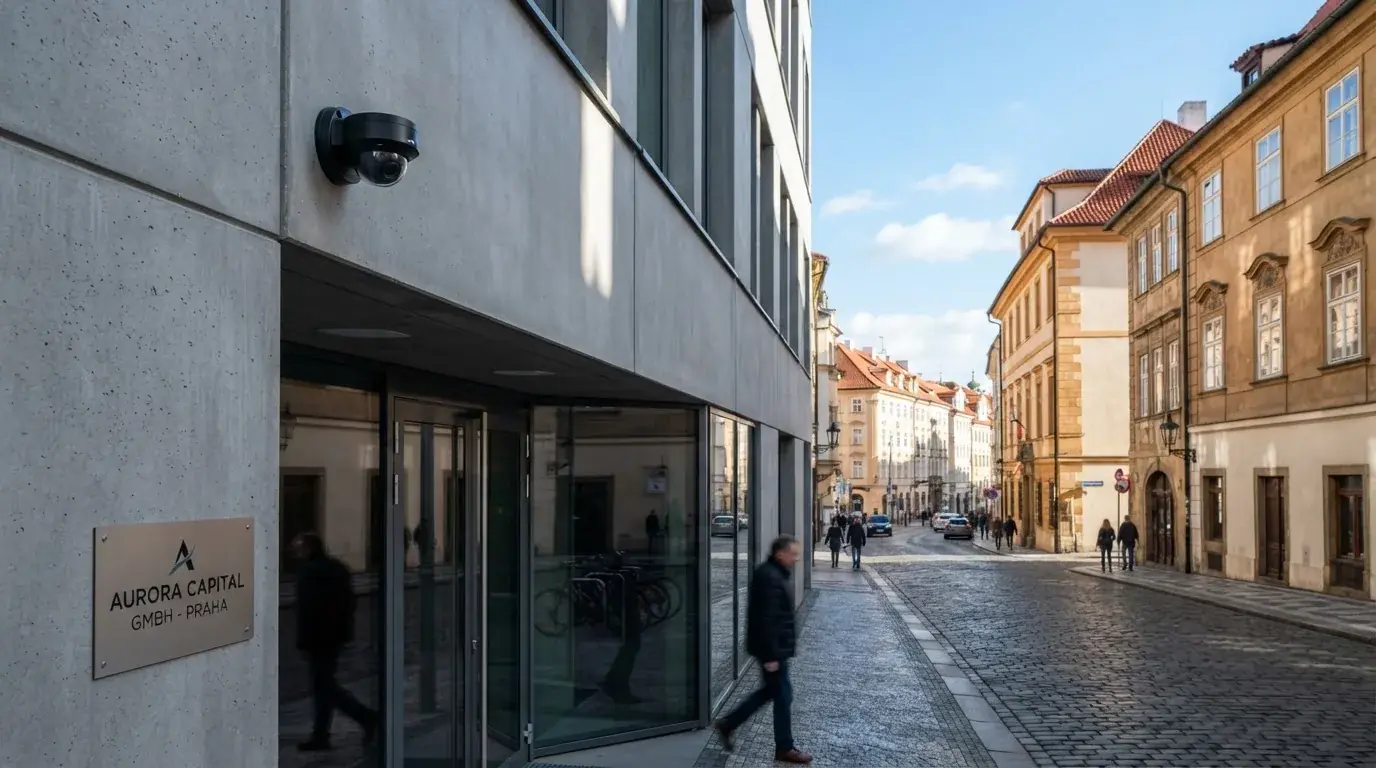 Bezpečnostní kamera visí na fasádě moderní administrativní budovy v centru města.