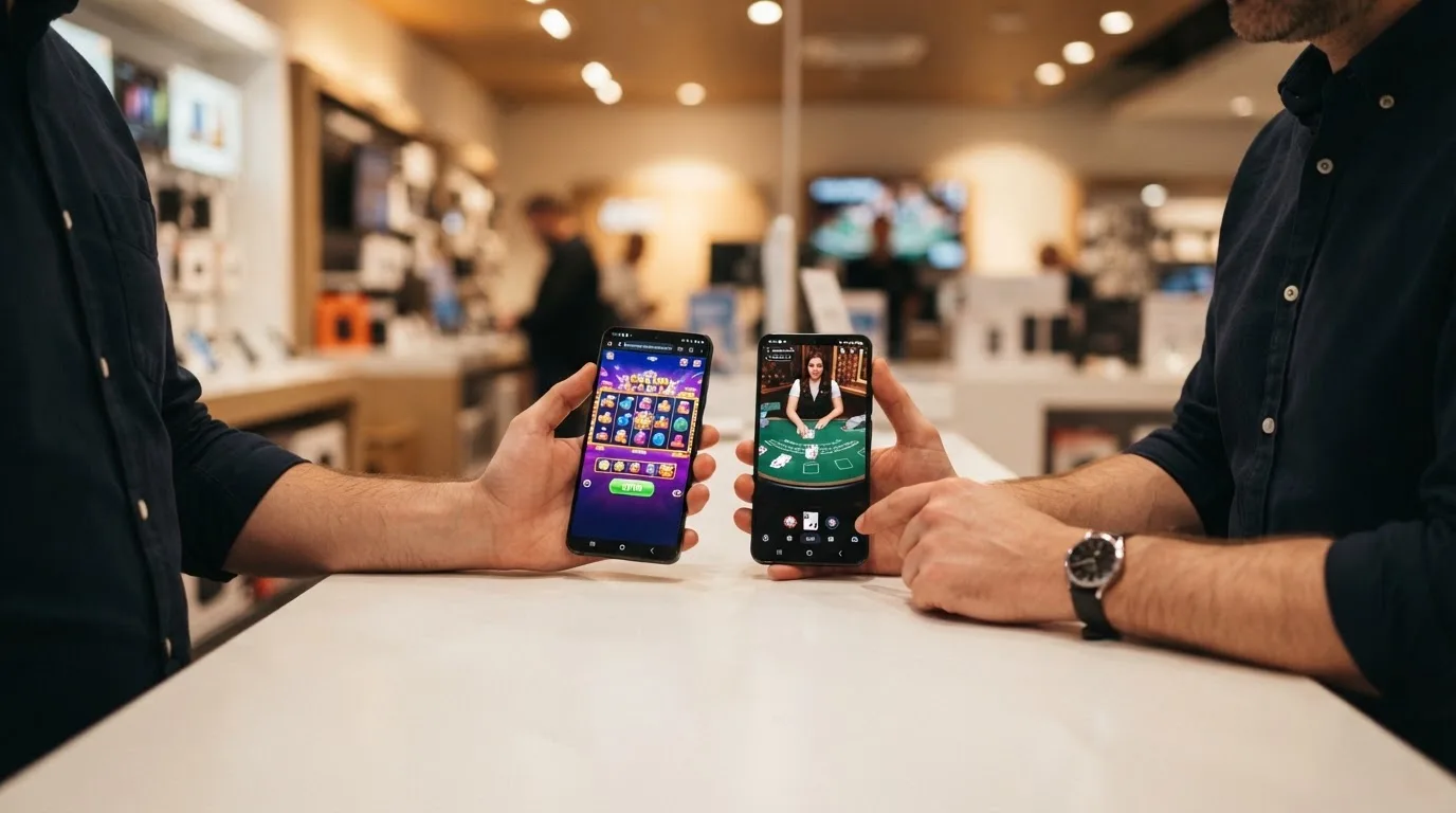 Muž v obchodě porovnává dva modely telefonů na výstavním pultu.