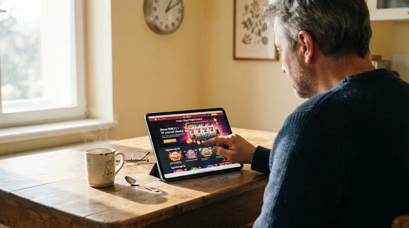 Muž sedí u kuchyňského stolu a poprvé otevírá aplikaci na tabletu.